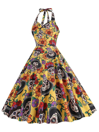 [Prévente] Robe évasée jaune à col licou tête de mort hippie années 1950