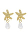 Gold starfish earrings with pearl drops on a white background