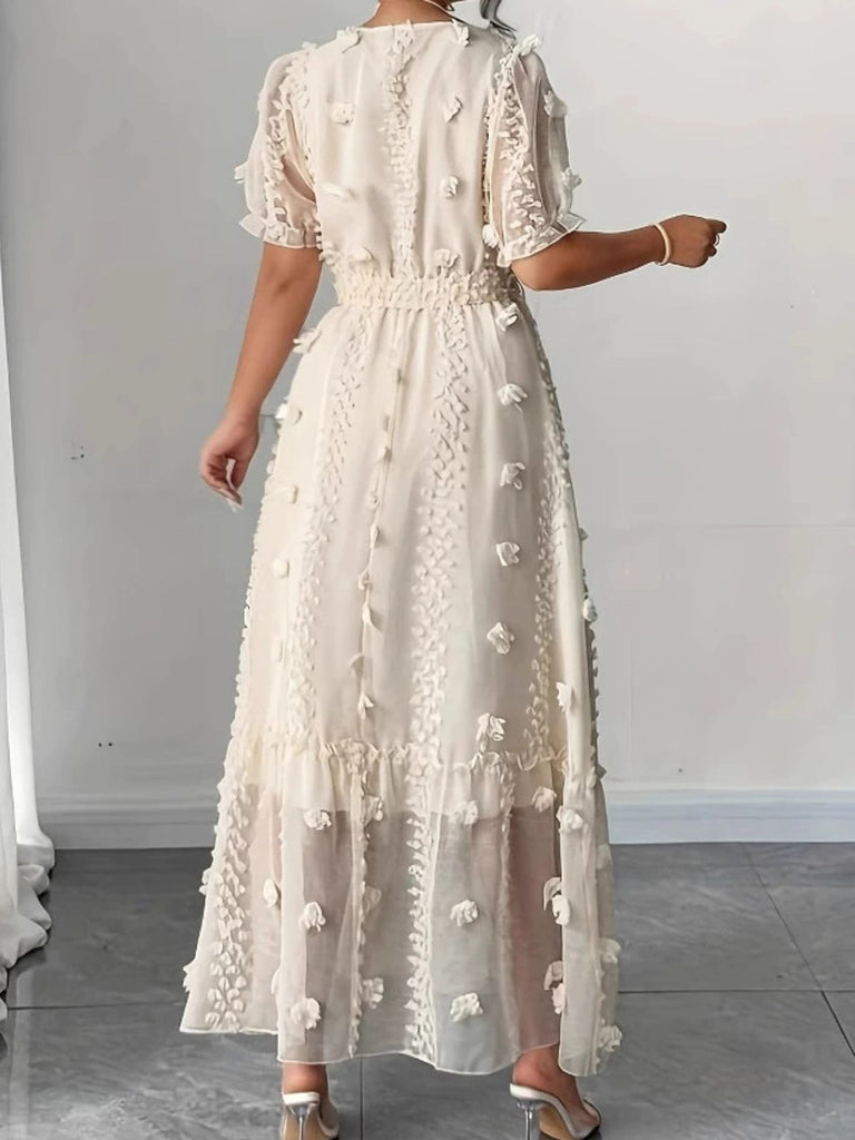Robe Florale à Pois Col V Ceinturée Cache-Cœur Beige Années 1970 6