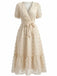 Robe Florale à Pois Col V Ceinturée Cache-Cœur Beige Années 1970 2