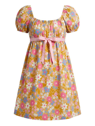 [Prévente] Robe Babydoll à Manches Bouffantes Floral avec Nœud Rose Orangé Années 50