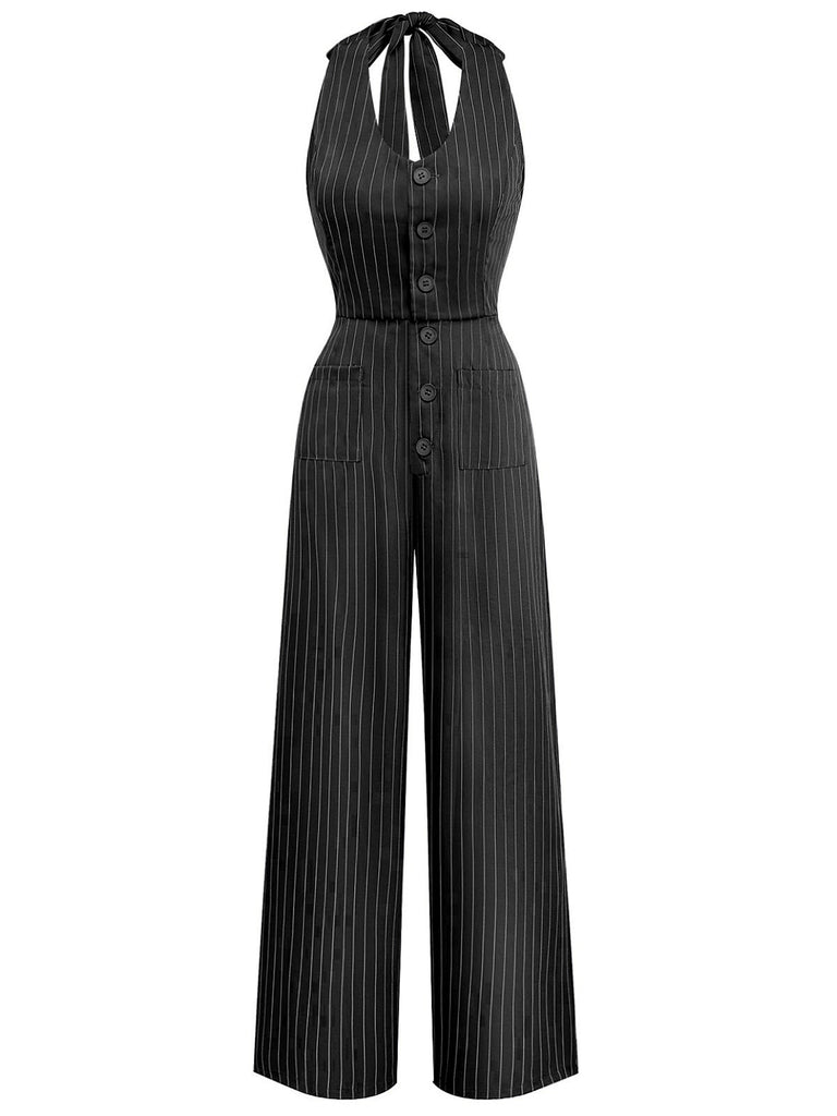 Combinaison boutonnée à fines rayures et col en V années 1940