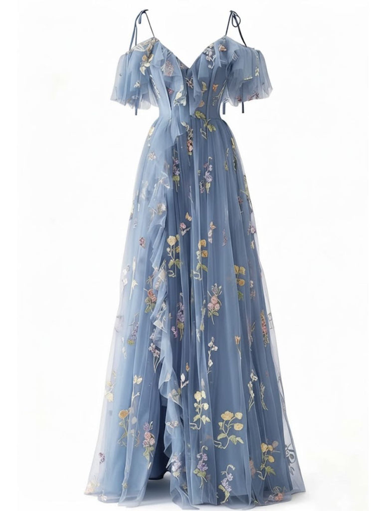 Robe fendue en tulle brodé de fleurs années 1970