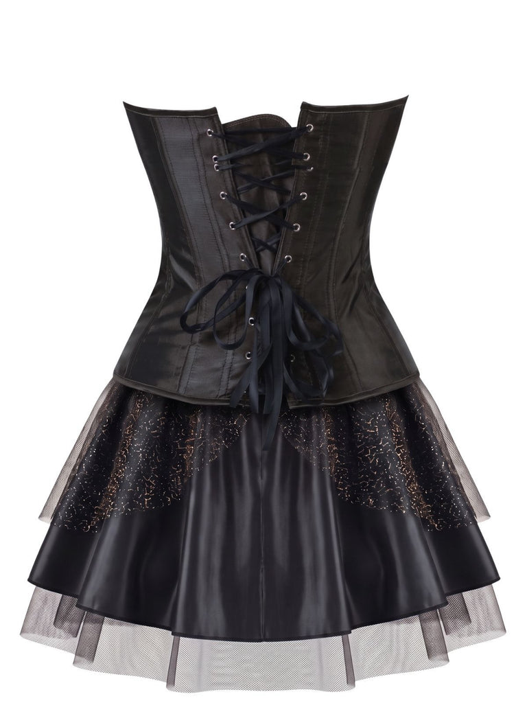 2PCS Corset brodé de motifs de plumes de paon et jupe plissée en tulle