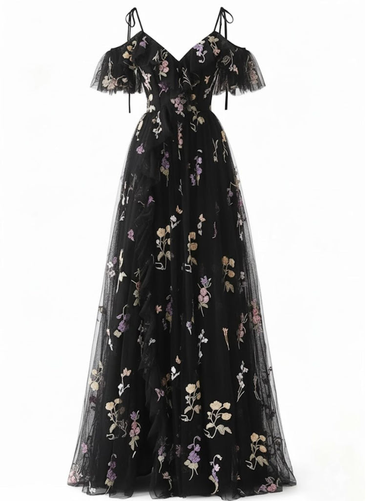 Robe fendue en tulle brodé de fleurs années 1970