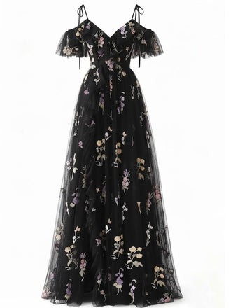 Robe noire fendue en tulle brodé de fleurs années 1970