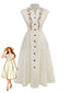 Robe beige broderies florales et manches courtes années 1940