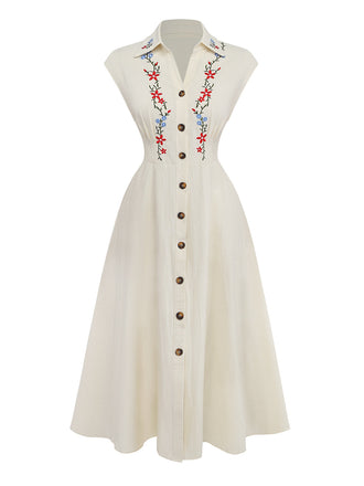 Robe Florale Manches Courtes Brodée Beige Années 1940 2