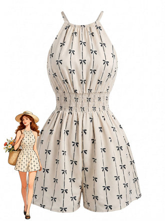 Combishort Halter Sans Manches Smockée Beige Années 1950