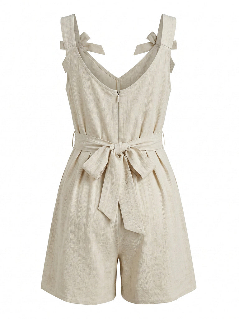 Combishort Larges Bretelles Nœud Plissée Beige Années 1950 5
