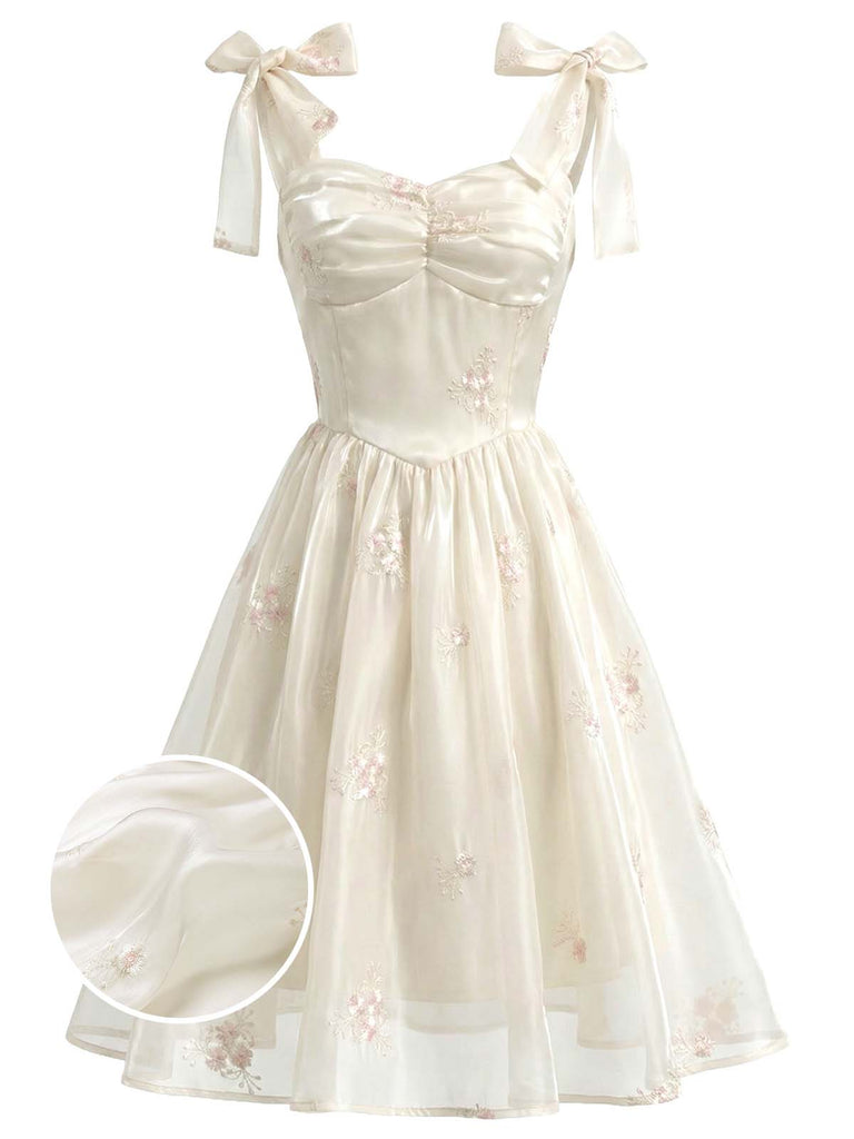 [Prévente] Robe Corset en Satin Brodé Floral à Bretelles Nouées Beige Années 1950