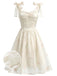 [Prévente] Robe Corset en Satin Brodé Floral à Bretelles Nouées Beige Années 1950