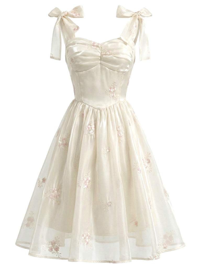 [Prévente] Robe Corset en Satin Brodé Floral à Bretelles Nouées Beige Années 1950 2