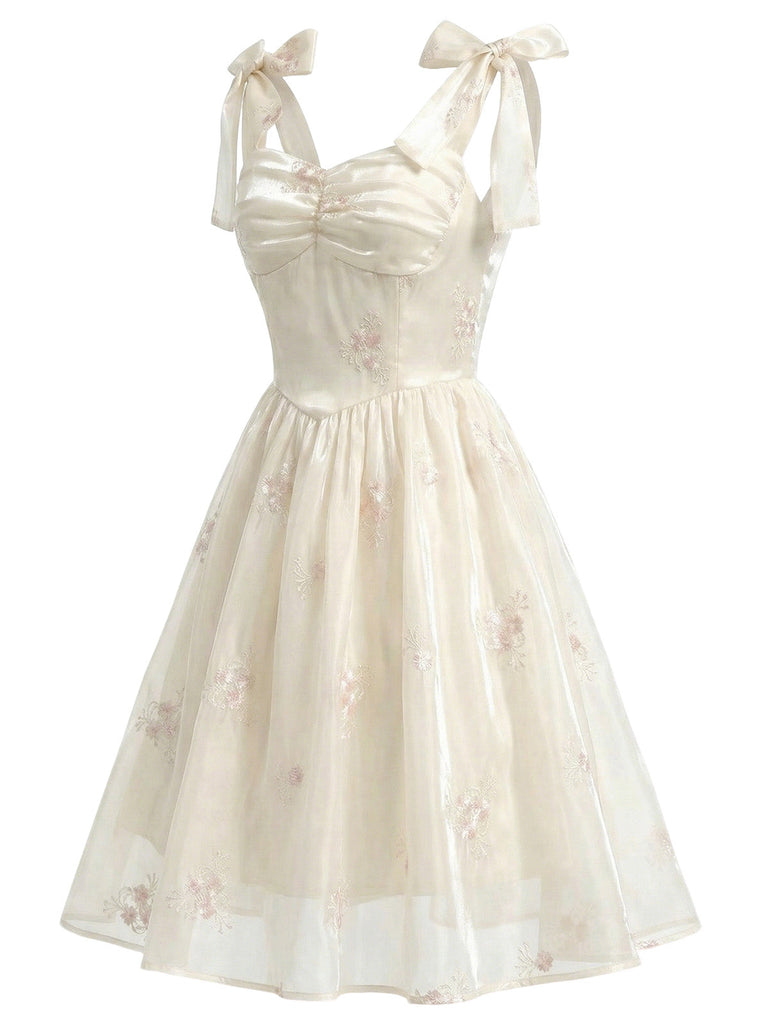 [Prévente] Robe Corset en Satin Brodé Floral à Bretelles Nouées Beige Années 1950 3