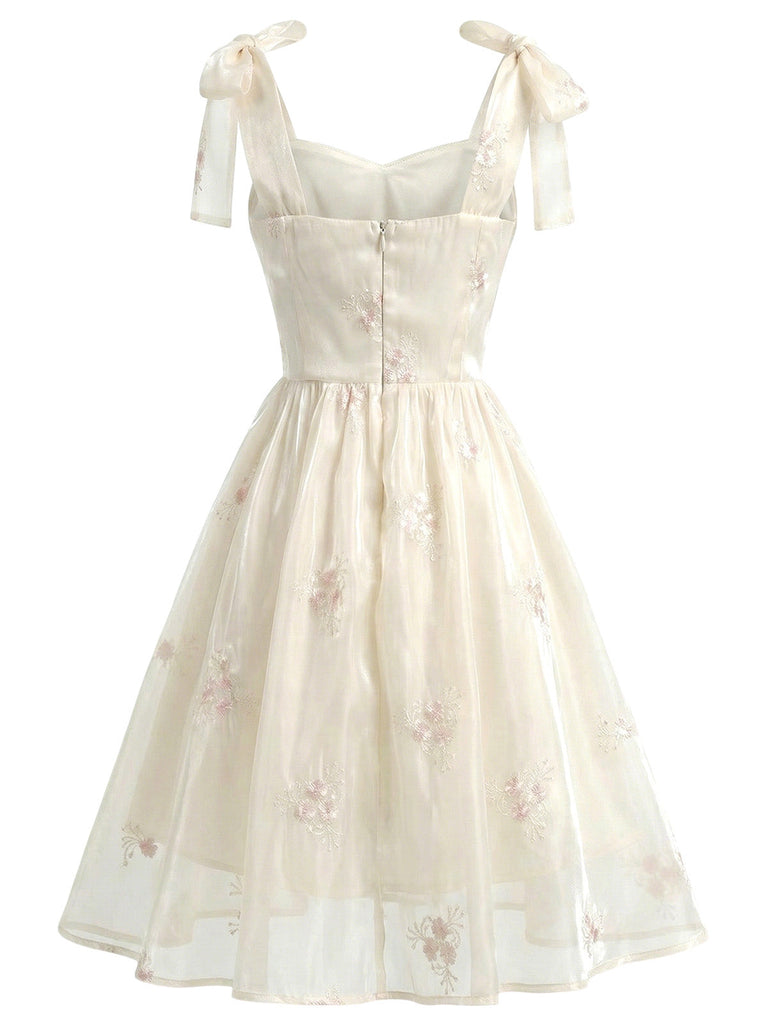 [Prévente] Robe Corset en Satin Brodé Floral à Bretelles Nouées Beige Années 1950 4