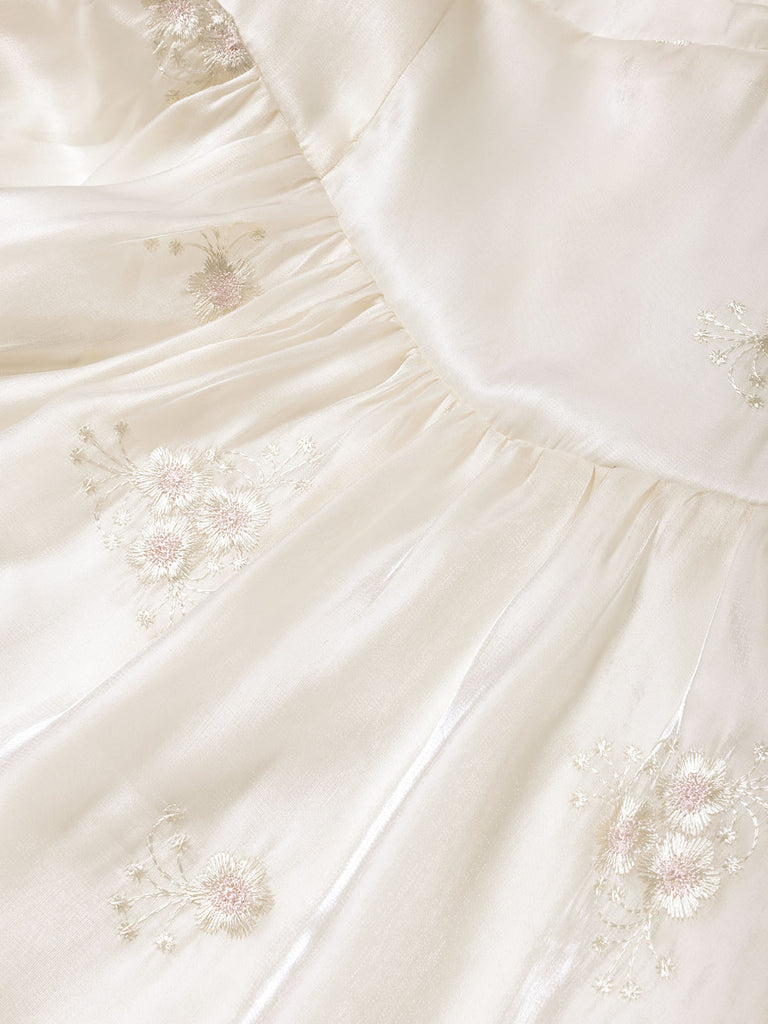[Prévente] Robe Corset en Satin Brodé Floral à Bretelles Nouées Beige Années 1950 7