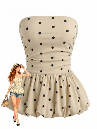 Top Bustier Évasé à Basque à Pois Beige Années 50
