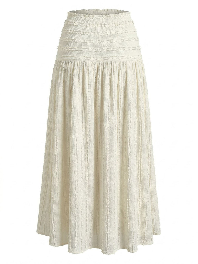 Bohème Texturé Smockéé Maxi Jupe Beige Années 1970 4