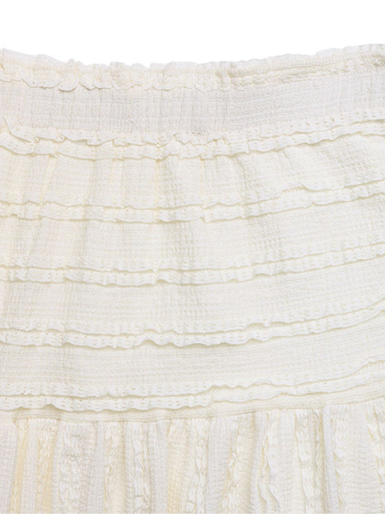 Bohème Texturé Smockéé Maxi Jupe Beige Années 1970 5