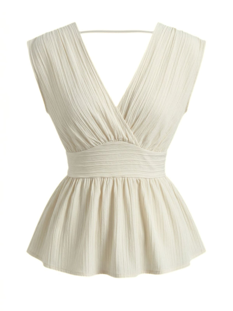 Sans Manches Profond Col en V Péplum Blouse Beige Années 1950