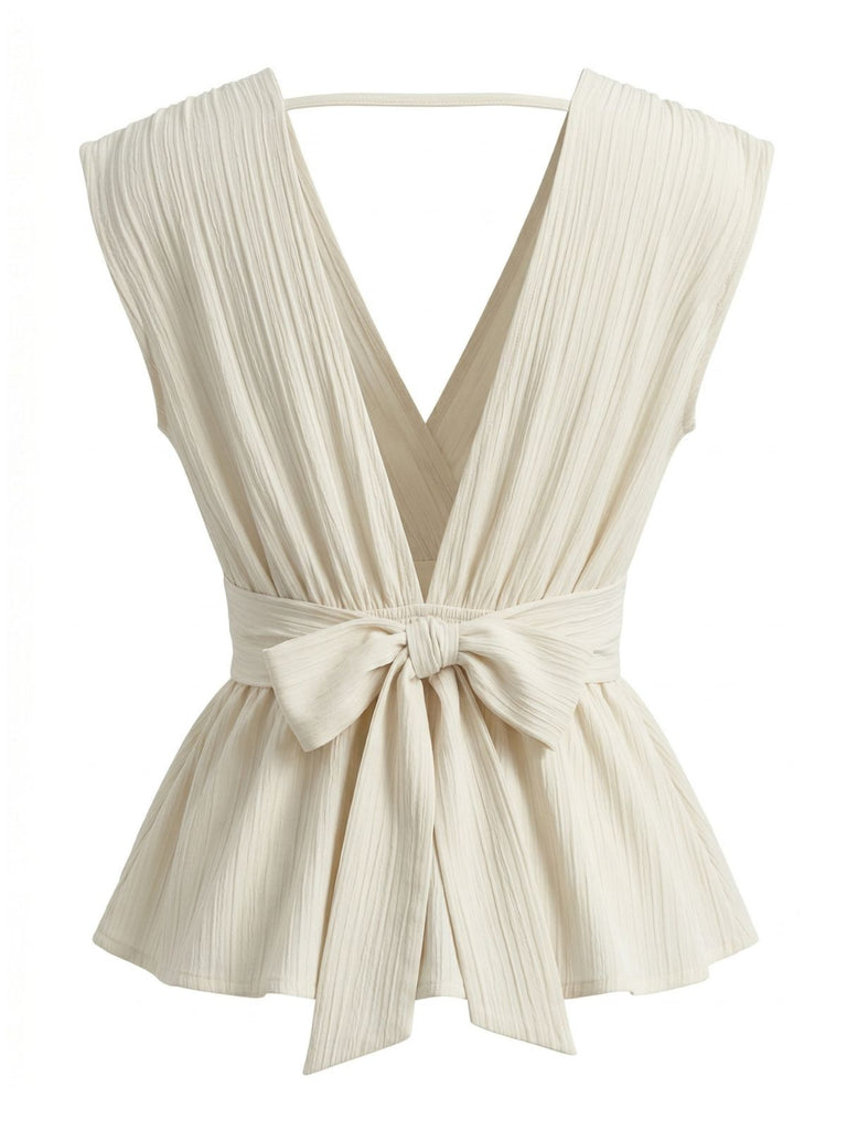 Sans Manches Profond Col en V Péplum Blouse Beige Années 1950 2