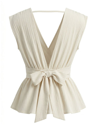 Sans Manches Profond Col en V Péplum Blouse Beige Années 1950 2