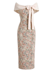[Prévente] Robe Moulante Florale Épaules Dénudées Nœud Beige Années 1960