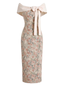[Prévente] Robe moulante beige motif floral épaules dénudées et nœud années 60