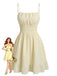 Mini Robe à Bretelles Fines Unie Froncée Texturée Beige Années 1960