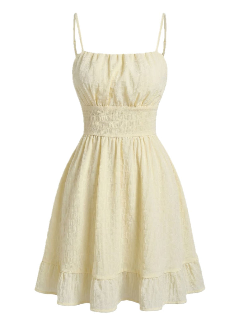 Mini Robe à Bretelles Fines Unie Froncée Texturée Beige Années 1960 2