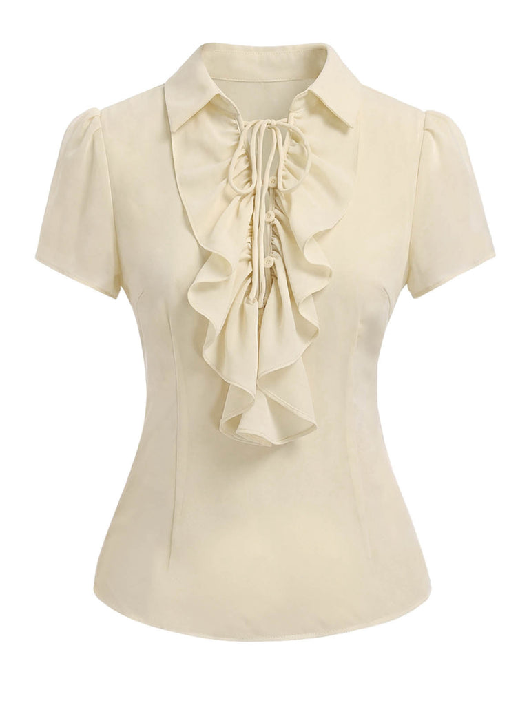 Beige 1960s Victorian Ruffled Front Tie Button Blouse front view