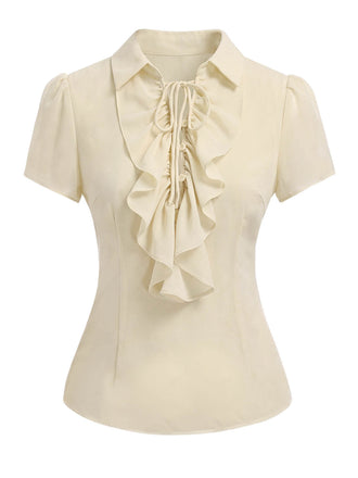 Beige 1960s Victorian Ruffled Front Tie Button Blouse front view
