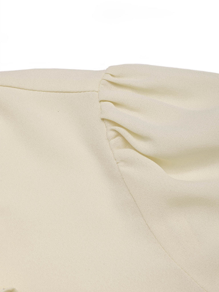 Beige 1960s Victorian Ruffled Front Tie Button Blouse puff sleeve detail