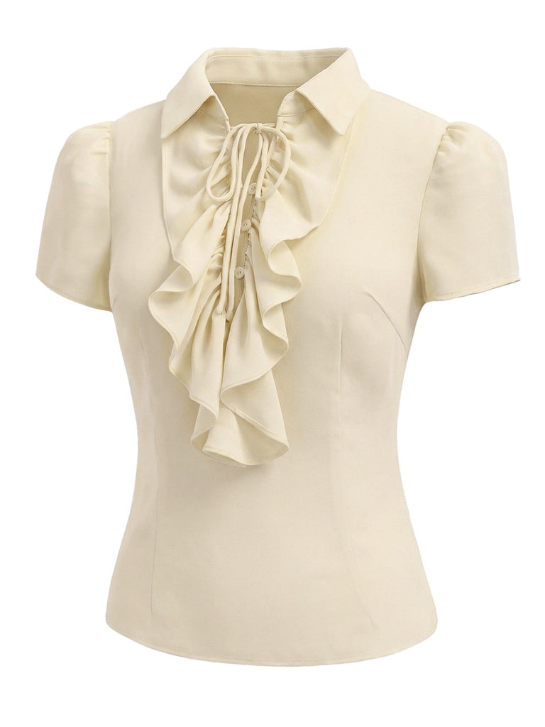 Beige 1960s Victorian Ruffled Front Tie Button Blouse side view
