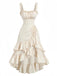 Front: Beige 1980s Solid Ruffled Hem Suspender Dress, vintage charm, perfect for vintage fashion lovers