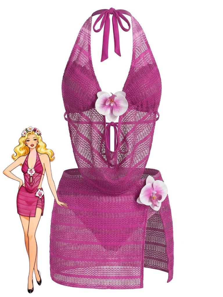 Rose Rouge Halter Découpé Ensemble Bikini & Cache-Maillot Années 1950