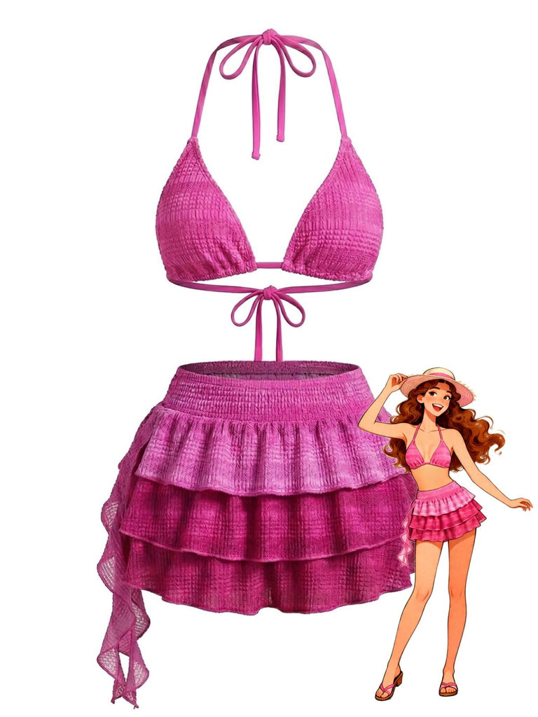 Ensemble 2 Pièces Bikini Dos-Nu & Jupe à Volants Cache-Maillot Rose Années 1950