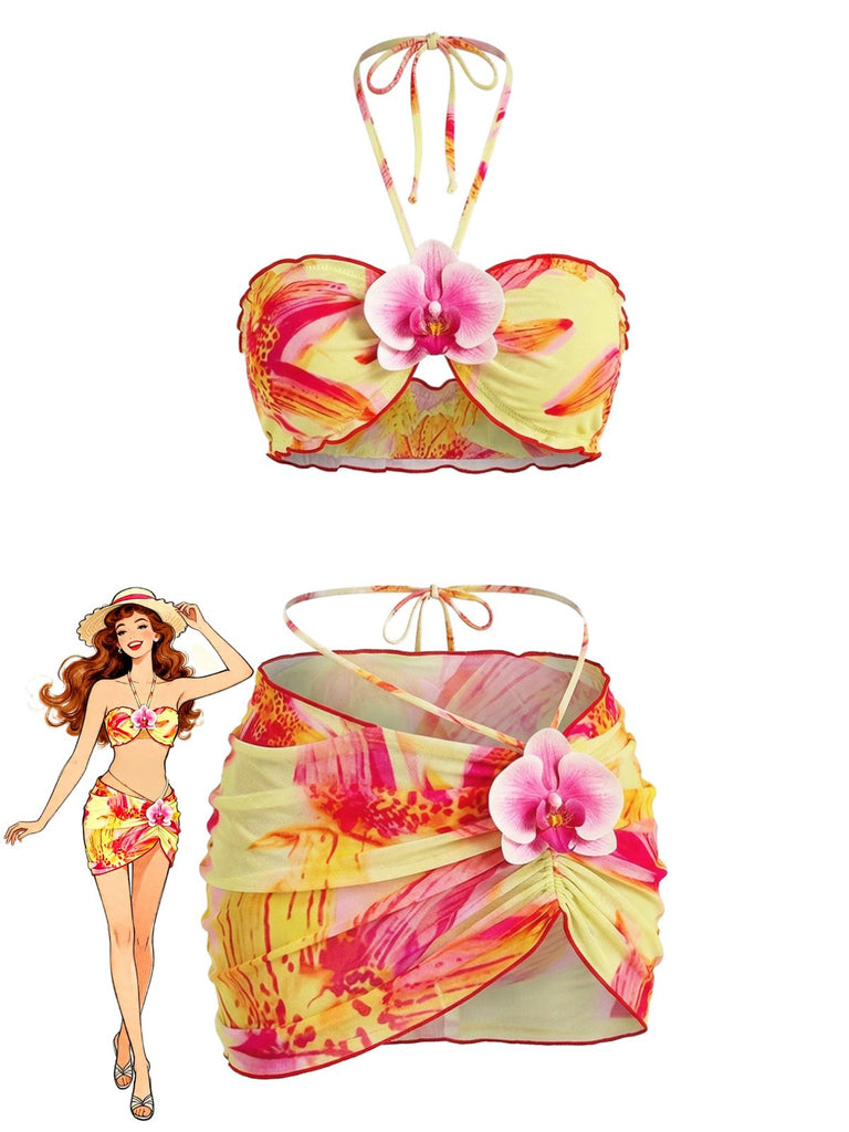 Ensemble 2 Pièces Bikini Dos-Nu Floral & Cache-Maillot Moulant Années 1960
