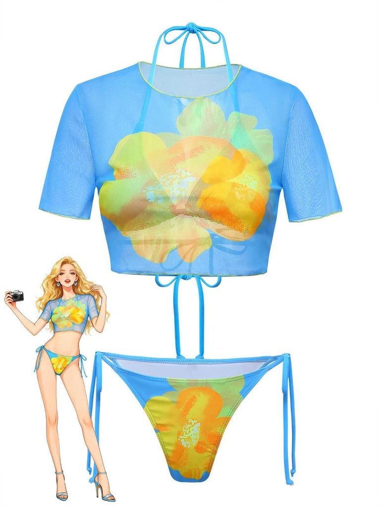 Bikini et crop-top bleu ciel floral années 1960