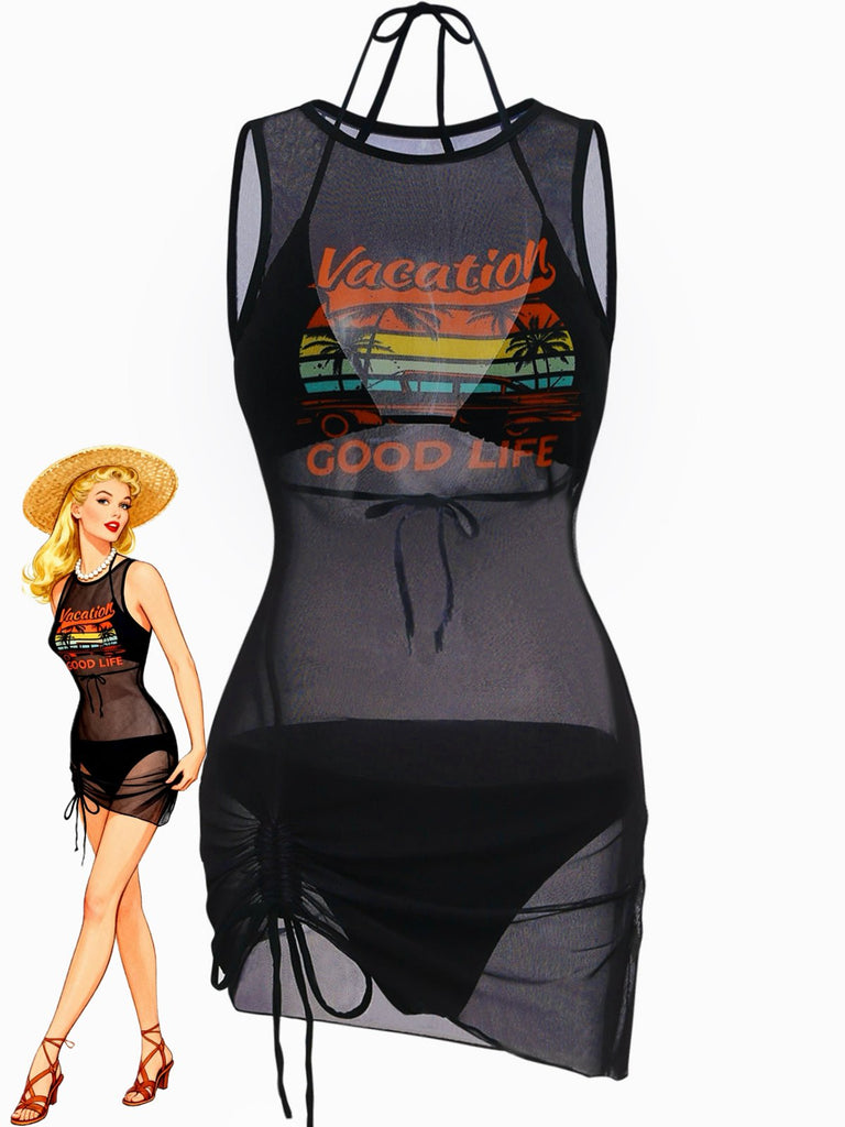 Bikini licou maille noir avec paréo 1960s