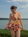 Bikini marron imprimé floral volanté années 1960