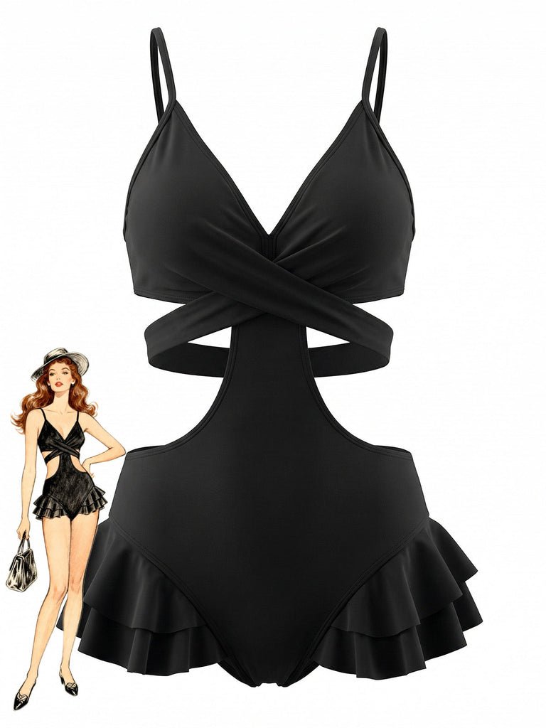 Maillot de Bain Une Pièce à Volants Croisé Découpé Noir Années 1940