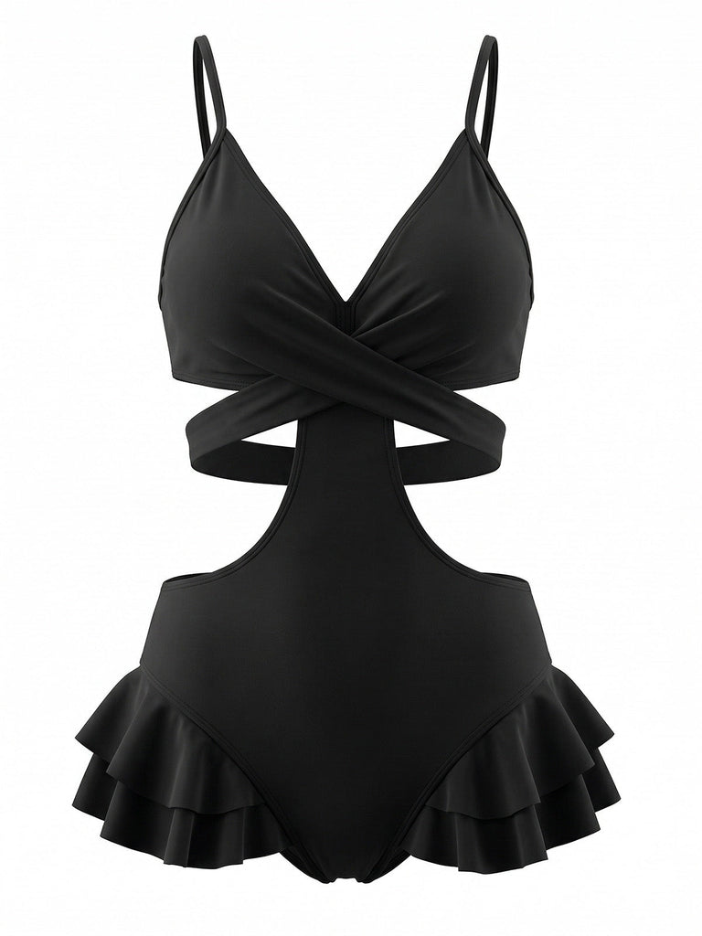 Maillot de Bain Une Pièce à Volants Croisé Découpé Noir Années 1940 2