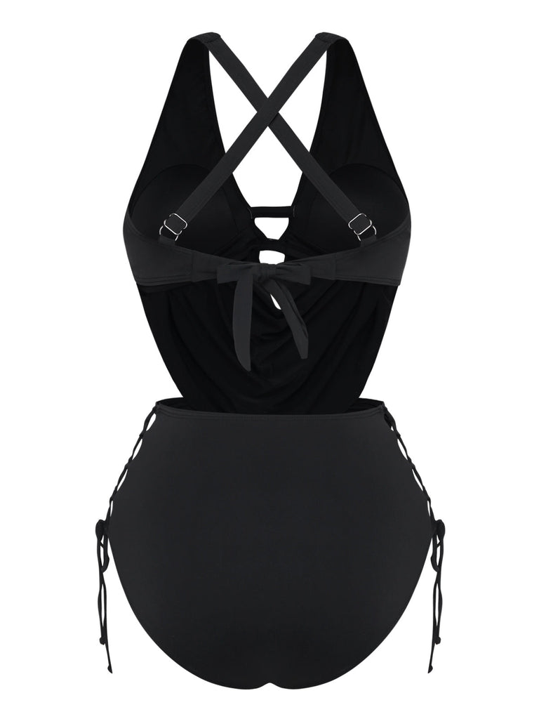 Black vintage tankini with crisscross cutout details and lace-up design in 1940s style