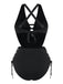 Black vintage tankini with crisscross cutout details and lace-up design in 1940s style