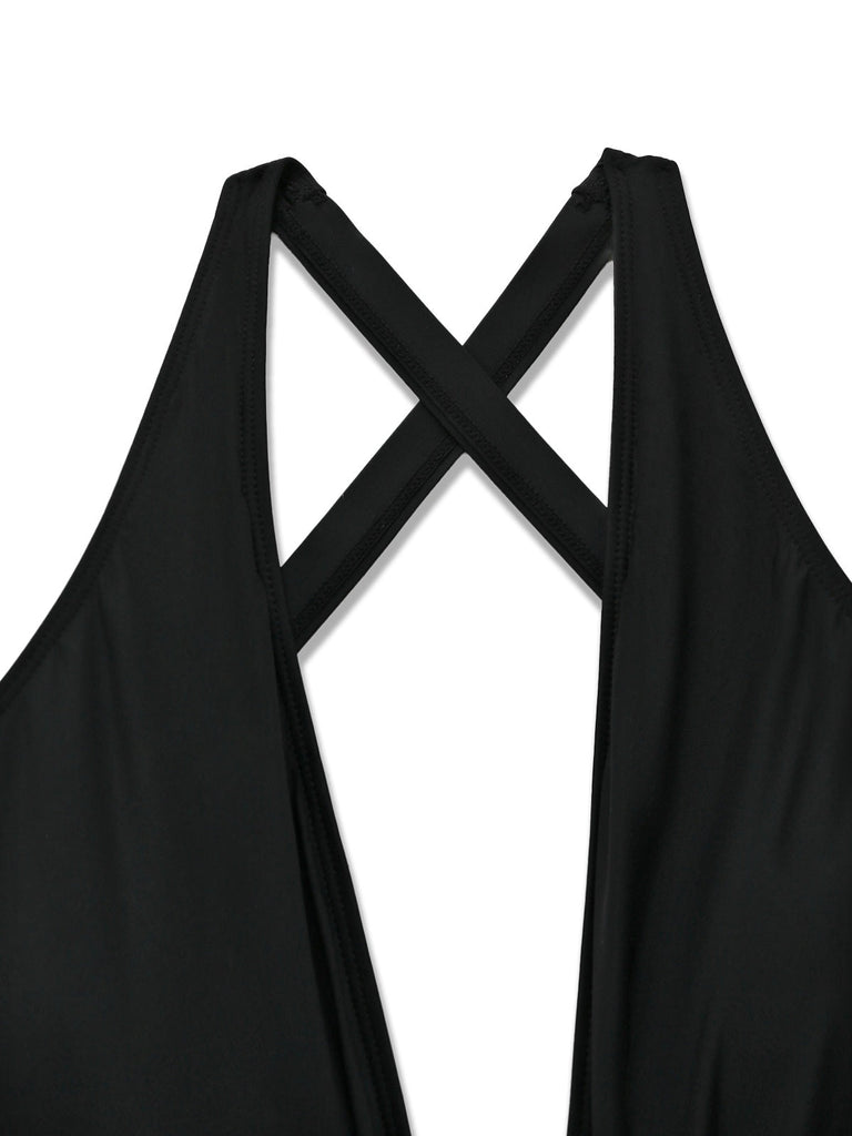 Black vintage tankini with crisscross cutout details and lace-up design in 1940s style