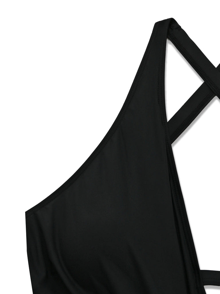 Black vintage tankini with crisscross cutout details and lace-up design in 1940s style