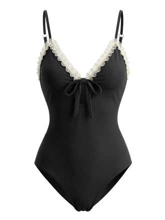 Noir Maillot de Bain Une Pièce à Bordure en Dentelle et Nœud Devant années '40 2