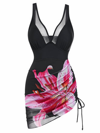 Maillot de Bain Floral Filet Col V Profond Noir Années 1940