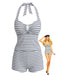 Ensemble Tankini Dos-Nu Rayé Ajouré Texturé Noir Années 1940